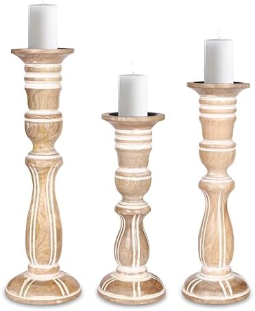 Wooden Candle Holder Set of 3, Tall White Antique Pillar Candle Holders, Rustic Farmhouse Decor, Brown Wooden Candle Stands for Home Decoration - 16, 14, 12 Inch Height - Image 2