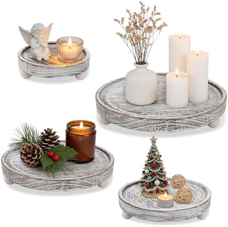 4Pcs Wooden Decorative Tray Riser Candle Holder, Rustic Round Serving Trays for Coffee Table Ottoman, Table Centerpieces Tealight Pillar Perfume Tray for Xmas Wedding Home Decor Farmhouse Bathroom by CUGBO