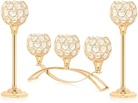 Crystal Tealight Candle Holder Centerpiece Home Decorative Candlestick Holder Elegant Table Centerpiece Home Decor Wedding Party Anniversary (Gold, Set of 3) by KOLNLALA