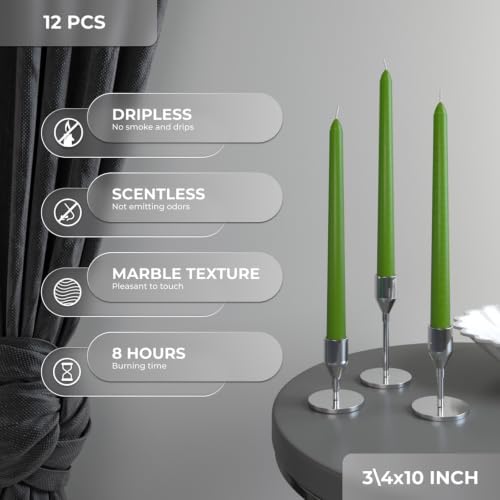 CANDWAX 10 inch Candlesticks Set of 12 - Dripless Taper Candles Perfect for Party or Decor - No Drip Green Candle - Image 3