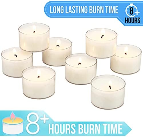 Stonebriar 48 Count White Unscented Smokeless Long Burning Clear Cup Tea Light Candles with 8 Hour Burn Time - Image 6