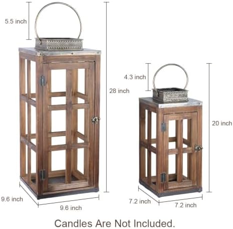 Large Farmhouse Wooden Metal Lantern Set of 2, 28''/20'' H Rustic Decorative Indoor & Outdoor Hanging Candle Lanterns, Wooden Outdoor Lanterns for Patio Front Porch Table, Dark Brown - Image 3