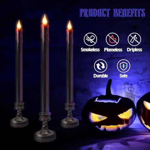 8 Pack Black Halloween Candles,Flameless Bleeding Taper Candles with Base - Image 3