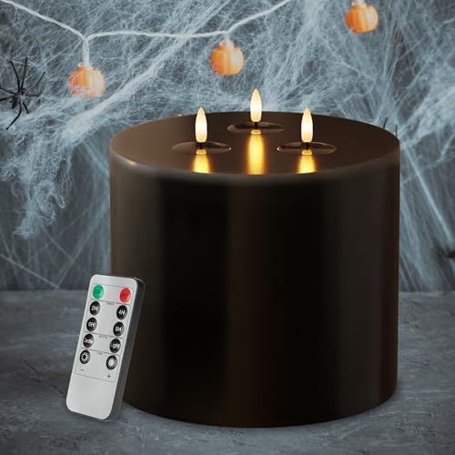Extra Large Black Flameless Candles with 3 Wicks, 6"x6" Real Wax Halloween Candles with Remote, Battery Operated Candle Flickering LED Candles Fake Candle for Halloween, Home, Party - Image 6