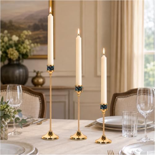 Gold Taper Candle Holders Set of 3, Tall Candlestick Holders for Taper Candles, Decorative Candle Stands for Table Centerpiece, Wedding, Dining Table, Mantel, Fireplace Home Decor by XPSCOCO