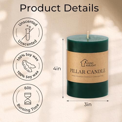 3x4 Inch Dark Green Pillar Candles Set of 3 - Unscented Pillar Candle - Image 6