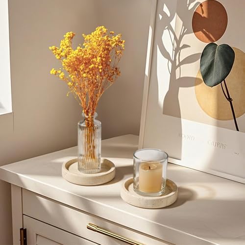 Candle Holders Italy Premium Natural Marble Candlestick Holder for Jar Pillar Candles Large Round Coaster Plate Jewelry Tray Centerpiece for Wedding Dining Table Home Decor Beige (WH063) - Image 5