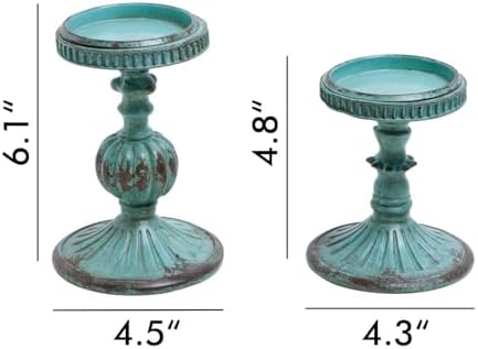 SOFFEE DESIGN Set of 2 Antique Resin Pillar Candle Holder Sets, Vintage Cylindrical Candlestick Stand Home Decor for Dining, Living Room, Mantel, Table Centerpiece, Retro Blue Candleholder Decor - Image 5