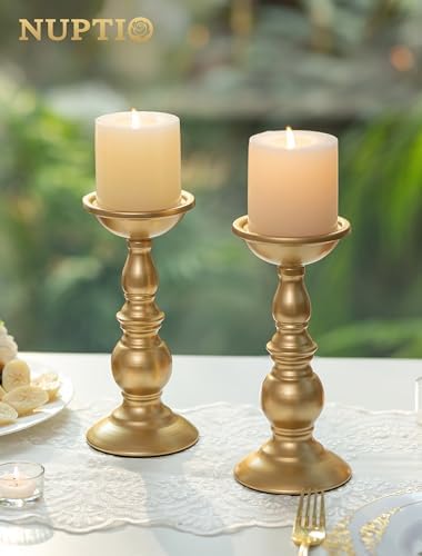 NUPTIO Brass Pillar Candle Holders: Gold Tall Stand for 3" Candles (2 x L) - Image 2