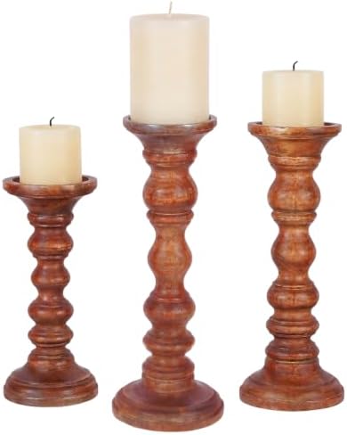 Mela Artisans Willow Mango Wood Candle Holders - Medium Polish, Set of 3 by MelaArtisans