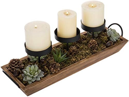 MyGift 3-Pillar Black Metal Candle Holder with Rustic Wood Tray and Handles, Tabletop/Mantel Centerpiece - Image 3