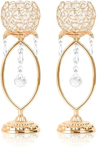 2 Pcs Gold Elegant Metal Crystal Tea Light Candle Holders with Bling Crystal Pendants, Hollow Design - Wedding Table Centerpieces for Anniversary Birthday Party, Home Decor by kehail