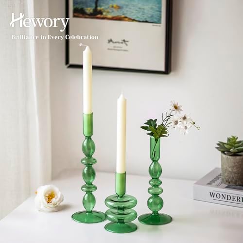 Hewory Green Taper Candle Holders Set, 3 PCS Glass Candlestick Holders - Image 2
