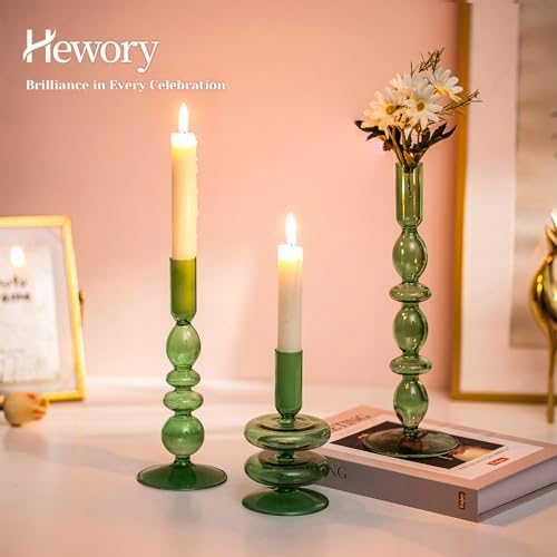 Hewory Green Taper Candle Holders Set, 3 PCS Glass Candlestick Holders - Image 3