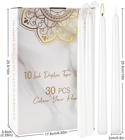 Taper Candles 10 inch Dripless - Set of 30 White Unscented and Smokeless -Paraffin Wax with Cotton Wicks-for Birthdays Weddings Holiday Emergency,8 Hours Burning (30pack) - Image 3
