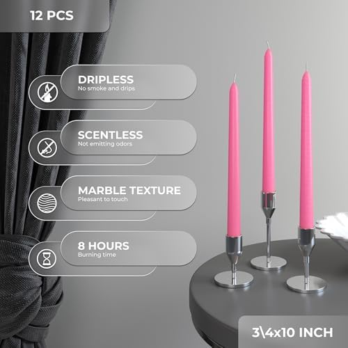 CANDWAX Pink 10 inch Taper Candles Set of 12 - Unscented Smokeless Dripless Pink Candlesticks - Perfect as Easter Candles and for Holidays, Ordinary Dinners and Special Occasions - Tall Candle Sticks - Image 3