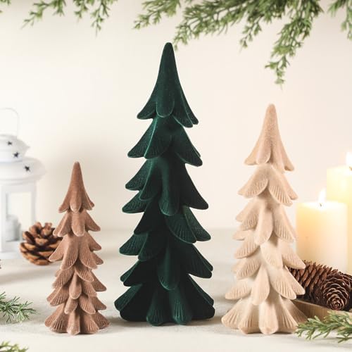 Cinnvoice 3 Set Velvet Christmas Tree Figurines, Khaki, Brown, Green by QinYee