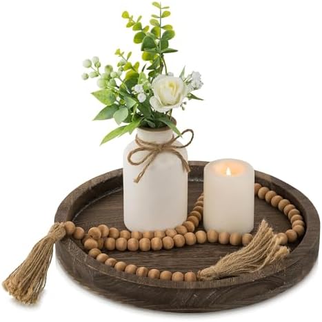 Hanobe Candle Plate Holder Tray: Decorative Wooden Tray Rustic Round Plate Farmhouse Centerpiece Small Candle Holder Trays for Coffee Table Living Room Kitchen Vintage Home Decor by Hanobe
