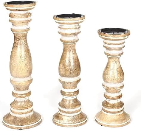 Rustic Farmhouse Wood Pillar Candle Holder Set of 3- Vintage Tall Candle Stands for Table Centerpiece, Decorative Candle Holder for Dining Room, Fireplace, Living Room - Size: 16", 14", 12" White Wash - Image 5