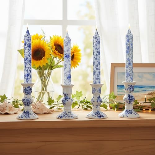 Flowers Printed Candle Taper Candles 9 inch - 4 Pack Blue and White Porcelain Candle Dripless, Smokeless, Unscented Tall Candlesticks - Perfect for Home Decor, Weddings, and Special Occasions - Image 4