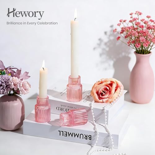 Hewory Glass Pink Candle Holder Bulk, 2PCS Valentines Taper Candle Holders - Image 4