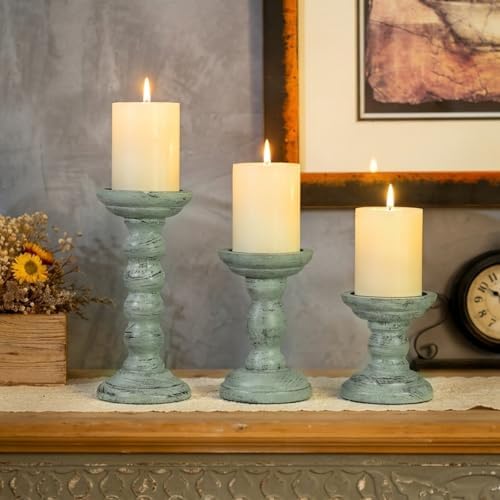 Set of 3 Candle Stick Holders Decor Rustic Wooden Candle Holder Mint Green Farmhouse Candle Stands for Table Centerpiece, Vintage Pillar Candle Holders for Living Room - Image 5