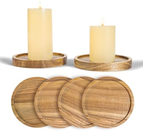 Solid Acacia Wood Candle Holder, 4-Pack, Rustic Round Wooden Candlestand for Pillar Candles up to 3.93 in, Farmhouse Table Centerpiece Decor by Unknown