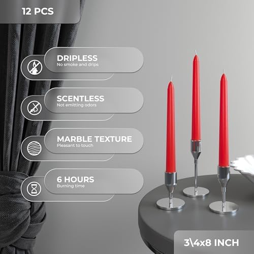 CANDWAX 8 inch Red Taper Candles Set of 12 - Dripless and Long Burning Candlesticks - Perfect as Taper Candlesticks for Dinner or Holiday Home Decor - Red Candle Sticks - Image 3