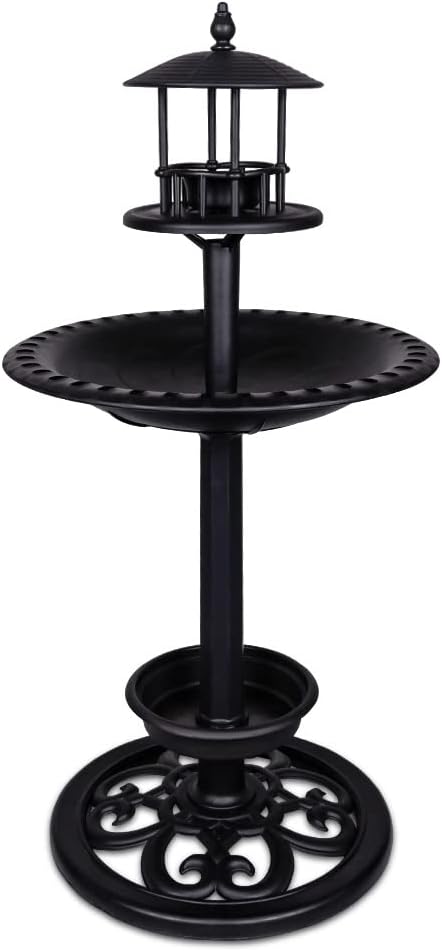 Black Bird Baths for Outdoors Plastic Bird Feeder with Flower Planter for Garden Yard Patio Balcony and Lawn Decor 27.5" | 2-in-1 Bird Bath & Feeder, Weatherproof, Ground Stakes Included, Tool-Free Assembly, Patio Lawn Decor, Gift for Garden Lovers