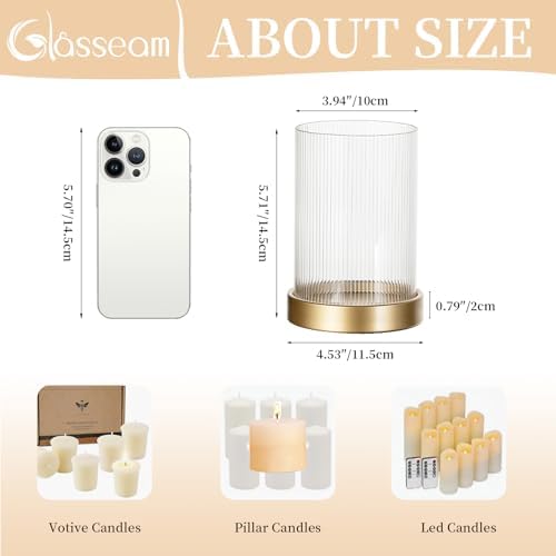 Glasseam Hurricane Glass Candle Holder: Gold Pillar Candle Holders Set of 2 Ribbed Glass Cylinder Covers with Metal Candle Tray Modern Candle Holders for Table Centerpiece Living Room Decorations - Image 6