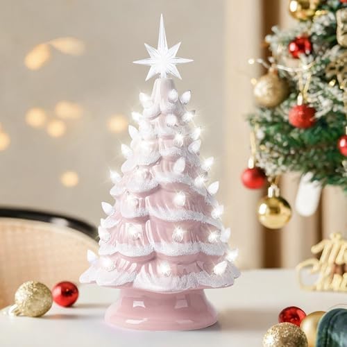 Sunlit Cordless Lighted Ceramic Christmas Tree Vintage Tabletop Christmas Decoration Pre-Lit Colorful Mini Light Bulbs 13" Traditional AA Battery Operated LED - Ombre Pink by Sunlit