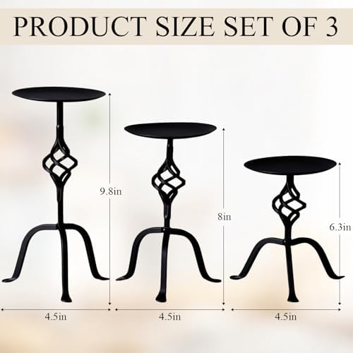 3 Pcs Black Iron Candlestick Holders 9.8, 8, 6.3 Inch, Retro - Image 2
