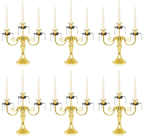 6 Pcs 3 Arm Black and Gold Candelabra Party Decorations - 11.8 Inch Tall Candle Holders, Elegant Taper Candlestick Stand for Wedding, Dining Table, Christmas Party Home Decoration by kehail