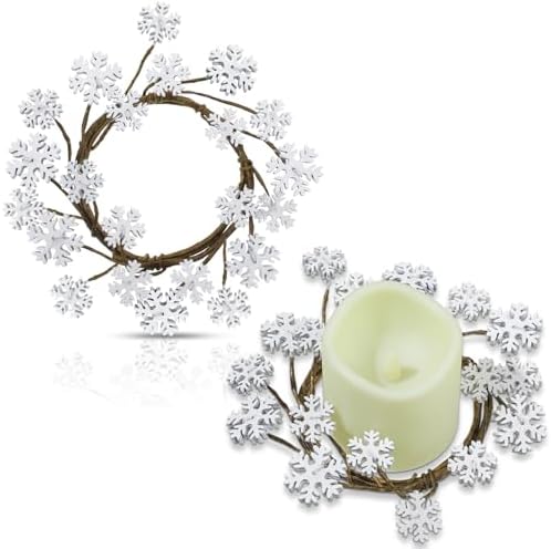 Daifunli 2 Pcs Winter Candle Rings Snowflake Wreath Glitter Vintage Wood Wreaths for Pillar 3.9 Inch Frosty Candles Holder for Winter Christmas Xmas Wedding Home Rustic Table Centerpiece Decor by Huiinen