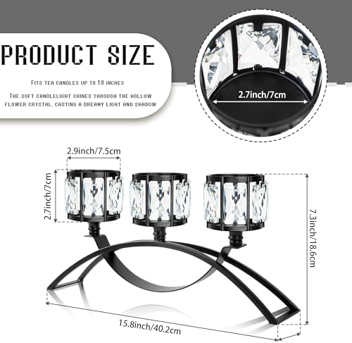 Black 3-Arm Crystal Candle Holders Arched - Elegant Tabletop Candelabra Centerpiece for Weddings, Dining Room Decor, Modern Home & Cabinet Display for & Housewarming - Image 2