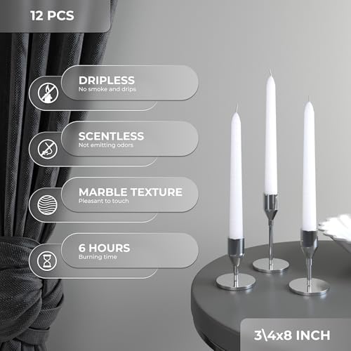 CANDWAX 8 inch White Taper Candles - Set of 12 White Candle Sticks Ideal for Christmas Decorations - Unscented Dripless Smokeless Long Burning Candlesticks - Tapered Christmas Candles for Home Decor - Image 2