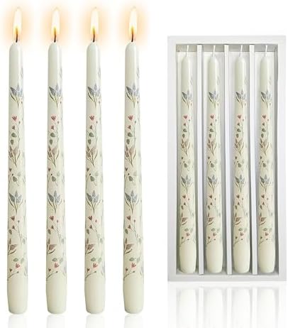 NJAO HOO Flower Candlesticks 10 in Straight Taper Candles Hand Printing Colored White Candlesticks Floral Tall Tapered Candle for Spring Home Garden Decor Simple Modern, 4Pcs - Image 7