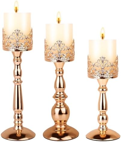Candle Holders for Pillar Candles Set of 3 Gold Vintage Tall Candle Holders Decorative Large Table Centerpieces Candle Stand Decor by DRELIFAM