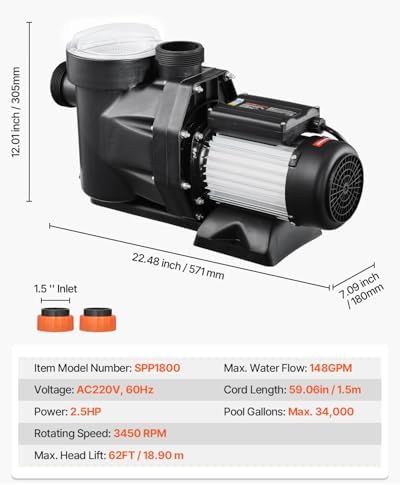 VEVOR Above Ground Pool Pump, 2.5 HP, 148 GPM Max Flow Single Speed Swimming Pool Pump, 220V 3450 RPM 62 ft Max Head Lift with PP Shell Strainer Basket, 122°F Max Water Temperature, for Hot Tubs Spas