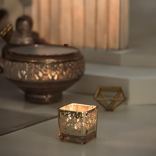 WGV 2 Inch Gold Speckle Square Cube Glass Votive Candle Holder Bulk, Small Tiny Mercury Tea Light 2x2”, 6 Pc - Image 3