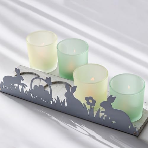 Spring Votive Candle Holder Set, Includes 4 Glass Candle Holders & 1 Wooden Tray with Metal Bunny Decor for Table Centerpiece Decorations and Indoor Outdoor Home Decor - Image 5