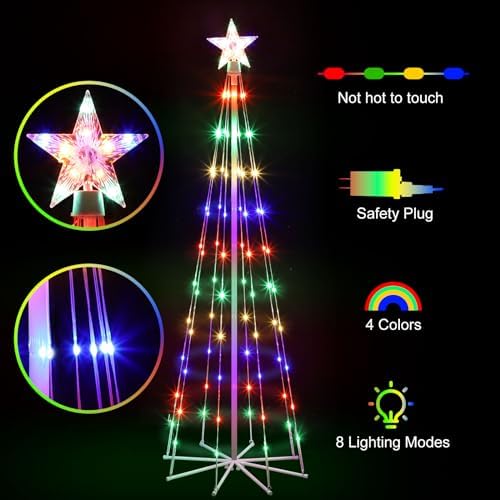 5' LED Animated Christmas Tree, Multicolor Lightshow Lighted Cone Wire Tree with Topper Star, Artificial Lighted Tree for Indoor/Outdoor Yard Patio - Image 3