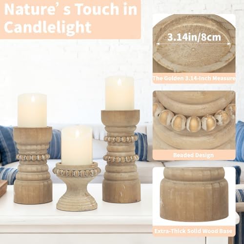 Rustic Natural Wood Candle Holders Set of 3, Farmhouse Beaded Wood Pillar Candle Holder, Candle Holders for Pillar Candles & Candlesticks, Candle Sticks Holder Decor for Table Centerpiece - Image 2