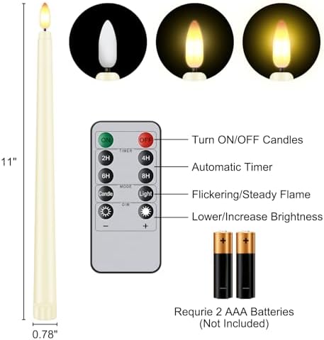 12 Pcs Flickering Flameless LED Taper Candles, 11" Long Fake Taper Candles Battery Operated with Remote Timer, Ivory Plastic Electric Candlesticks for Wedding Party Christmas Holiday - Image 7