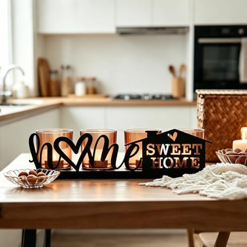 Amber Glass Candle Holder with Farmhouse Wood Tray, Sweet Home Tealight Holder Centerpiece for Dining Table, Rustic Metal Sign Votive Tray for Fireplace Mantel Living Room Decor Housewarming Gift - Image 2
