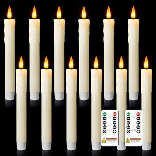 7 Inches Dripless Flameless Taper Candles with Remote Timer Dimmer, Real Wax Battery Candlesticks, 3D Flame Fake Candlesticks for Home Wedding Christmas Decor, Ivory, 12 Pcs by meigic