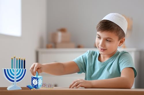 Mini Blue Hanukkah Menorah, 4-Pack 5" Inch Children Wooden Chanukah Menorah Set with Removable Wooden Candles, 3" Inch Dreidel, and Gelt Coins - Image 4