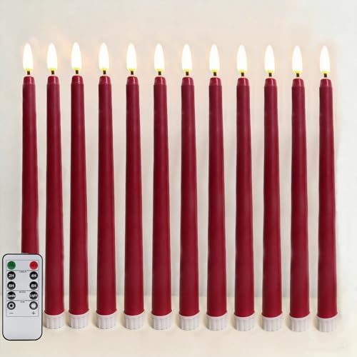 Burgundy Flameless Taper Candles with Remote, LED Candlesticks Set of 12 by Ni-JASW
