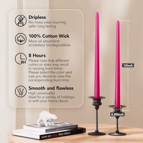 New Burning Formula Unscented Dripless 12-Inch Taper Candles Set of 12 - Hot Pink, for Wedding, Dinner - Smokeless, Long Burning - Hand Poured, Colored Tall Candlesticks - Rosa Intenso - Image 2