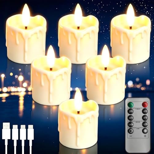 Rechargeable Flameless Tea Light Candles with Remote, 1.5"x2.2" Dripping Fake Electric Flickering Votive Candles for Anniversary Wedding Table Centerpiece Halloween Christmas Decor, Ivory White 6 pack by Wherelightmeetssoul